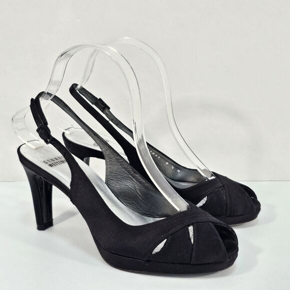 Stuart Weitzman Black Satin Peep toe Slingback Platform Sandals Shoes Size 6.5 M - Picture 1 of 9